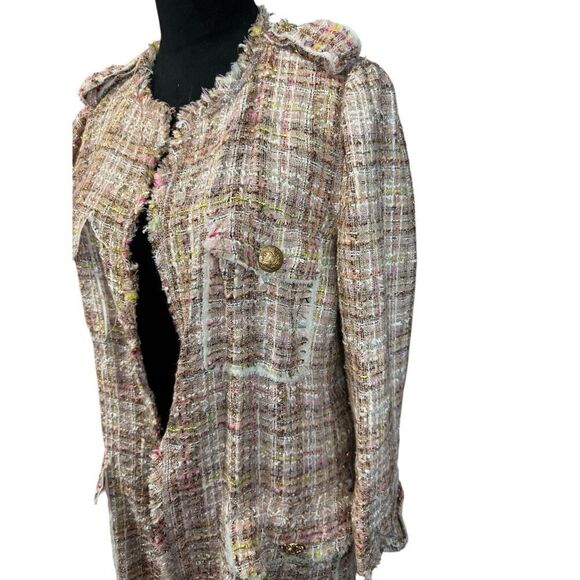 A374 ZARA WOMAN FANTASY TWEED PINK LONG GOLD BUTTONS COAT BLAZER JACKET Large - Picture 6 of 15